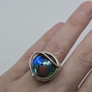 Vintage 925 Sterling Silver Dicroic Glass Cocktail Size 5-8 Ring